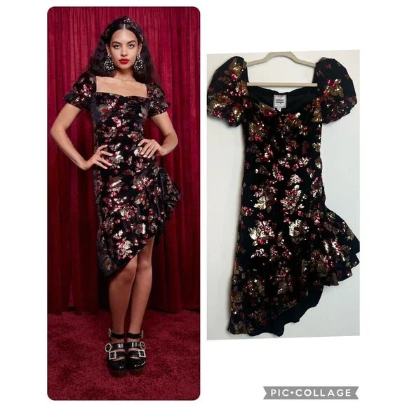 Autumn Adeigbo Rosalie Dress Black Red Gold Sequins Cocktail NWT Sz 6 - Picture 2 of 16